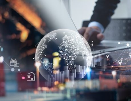 Smart logistics, global business and transportation technology management concept, Businessman using tablet control delivery business network distribution import export, digital pin on target place