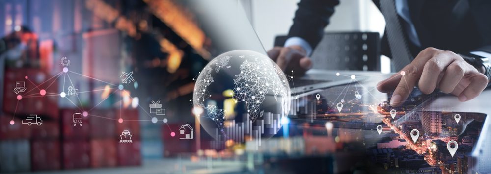 Smart logistics, global business and transportation technology management concept, Businessman using tablet control delivery business network distribution import export, digital pin on target place