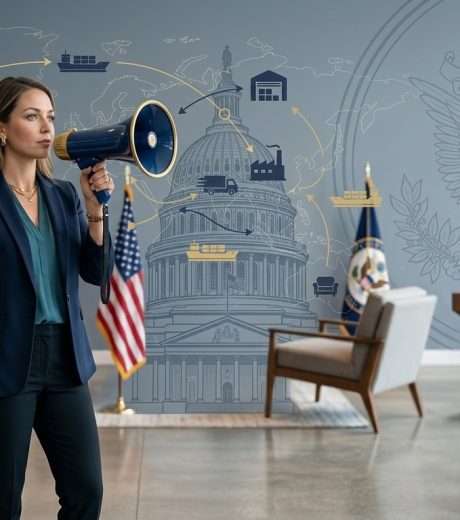 Woman in her 30's with a megaphone with the US Capital illustration and furniture supply chain depiction